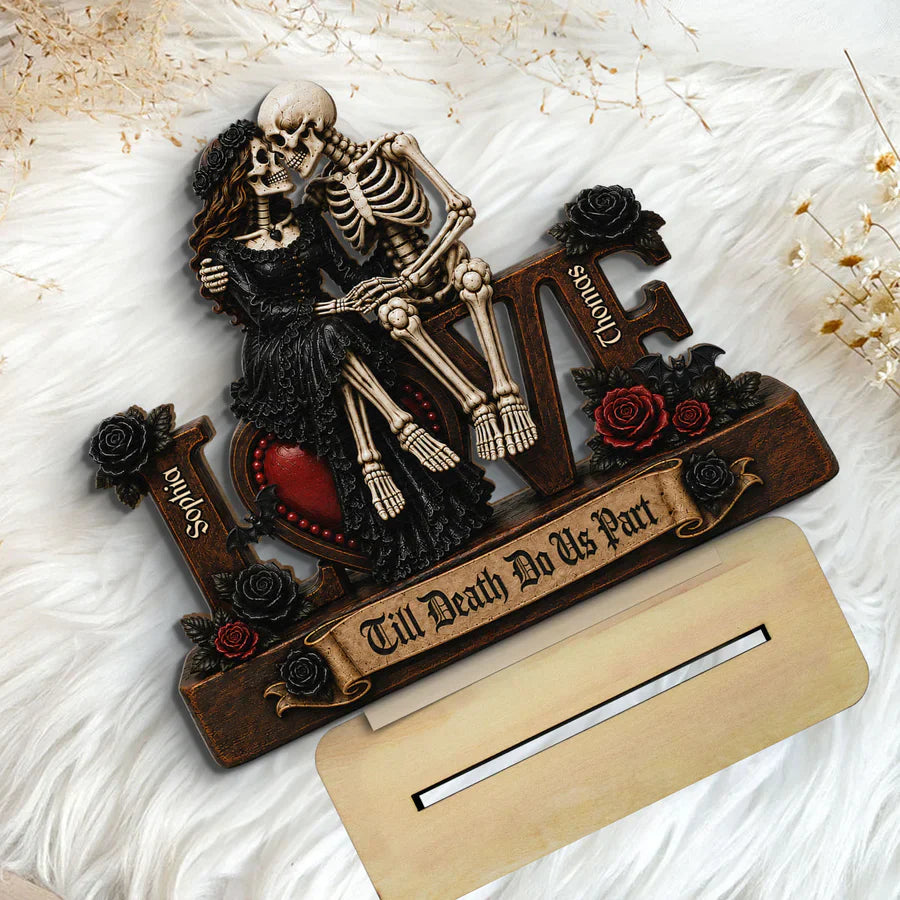 Personalized 2-Layer Wooden Plaque, Kissing Skeleton Couple, Unique Gothic Gift for Couples