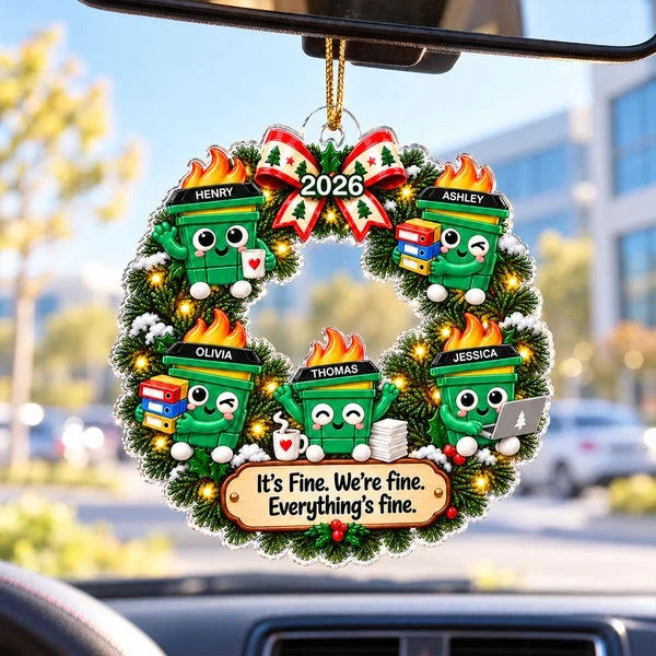 Personalized Acrylic Ornament, Cute Dumpster Fire Office Wreath, Unique Christmas Gift for Coworkers