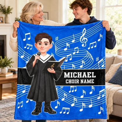 Personalized Fleece Blanket, Red Choir Graduate Holding a Microphone, Unique Music Gift for Singers