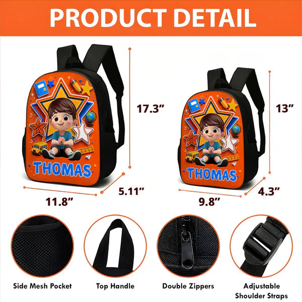 Personalized Kids School Backpack with Sitting Cartoon Boy, Classroom Style, Creative Gift for Son