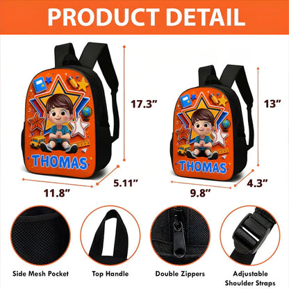 Personalized Kids School Backpack with Sitting Cartoon Boy, Classroom Style, Creative Gift for Son