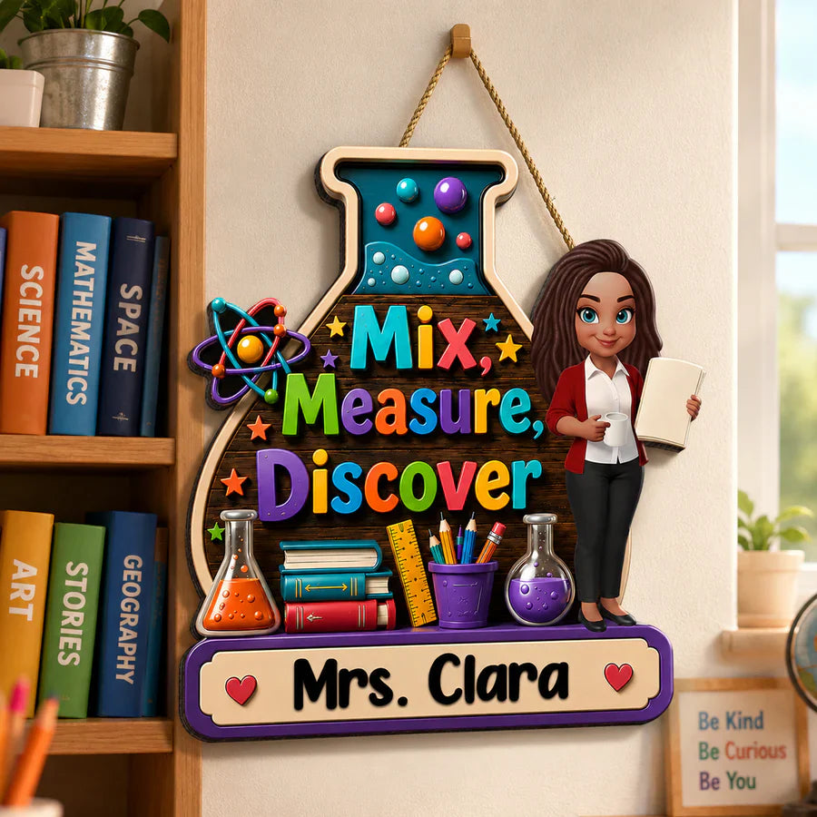 Personalized Wooden Sign With Standing Teacher Illustration, Colorful Classroom Theme, Unique Creative Gift for Teacher