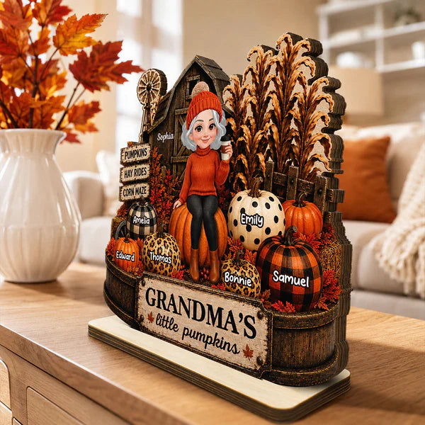 Personalized 2-Layer Wooden Plaque, Grandma Holding Coffee in Warm Autumn Farm Scene, Unique Gift