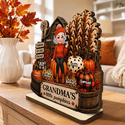 Personalized 2-Layer Wooden Plaque, Grandma Holding Coffee in Warm Autumn Farm Scene, Unique Gift