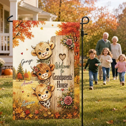 Personalized Highland Cow Garden Flag, Cows Peeking by a Rustic Sign, Unique Autumn Gift for Grandparents
