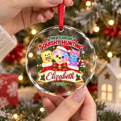 Personalized Crystal Ornament, Kawaii Squishy Hunting on a Christmas Tree, Unique Gift for Kids