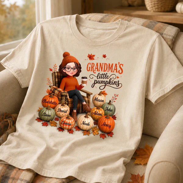 Personalized Classic Tee, Seated Grandma Holding Coffee with Pumpkins, Unique Gift for Grandma