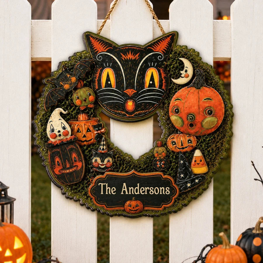 Personalized Wooden Sign, Whimsical Black Cat Halloween Keepsake, Creative Gift for Cat Lovers