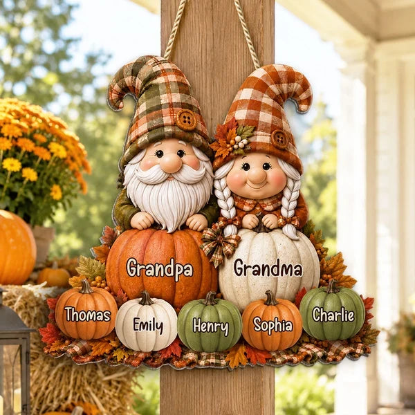Personalized Wooden Sign, Grandparent Gnomes Seated in a Fall Pumpkin Patch, Unique Gift for Grandma and Grandpa