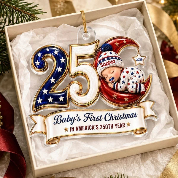 Personalized Acrylic Ornament, Sleeping Baby's First Christmas in Patriotic Colors, Unique Gift for New Parents