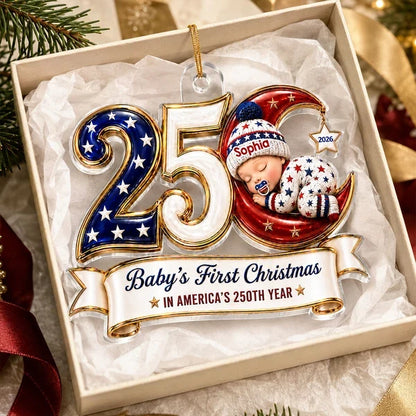 Personalized Acrylic Ornament, Sleeping Baby's First Christmas in Patriotic Colors, Unique Gift for New Parents