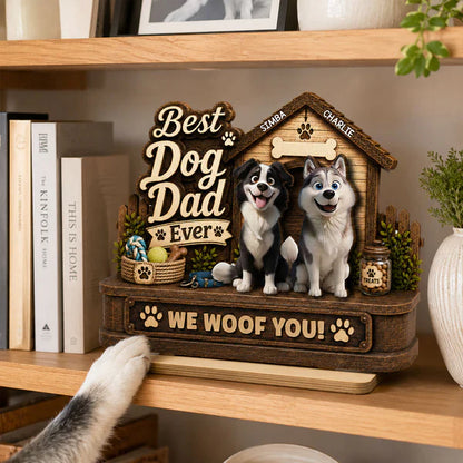 Personalized 2-Layer Wooden Plaque, Smiling Dogs by Doghouse, Unique Gift for Dog Dad