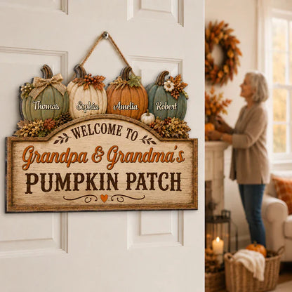 Personalized Wooden Sign, Grandma & Grandpa Pumpkin Patch Door Decor, Unique Fall Gift