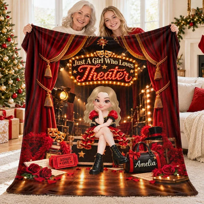 Personalized Fleece Blanket with Theater Girl and Marquee Stage, Unique Gift for Daughter or Granddaughter