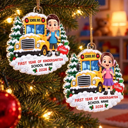 Personalized Acrylic Ornament, Child by Snowy School Bus, Unique Christmas Gift for Kindergarten Kids
