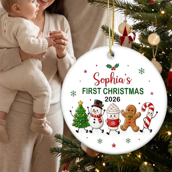 Personalized Ceramic Ornament with Waving Christmas Characters, Unique First Christmas Gift for Baby and New Parents