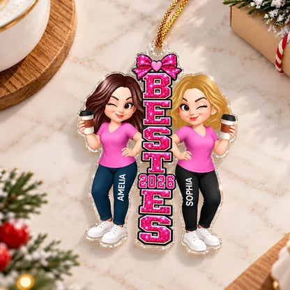 Personalized Acrylic Ornament, Pink Besties Holding Coffee on a Festive Tree, Unique Gift for Friends