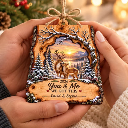 Rustic Personalized Wooden Ornament with You & Me Quote and Deer Standing Together, Creative Gift for Your Partner