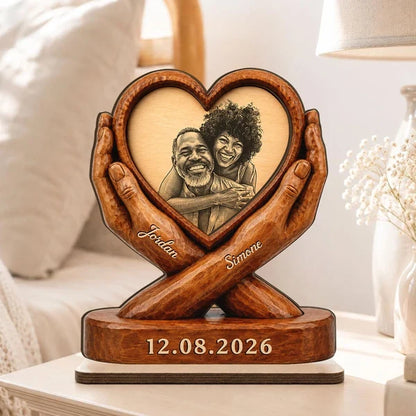 Personalized 2-Layer Wooden Plaque, Smiling Couple in a Heart, Unique Anniversary Gift