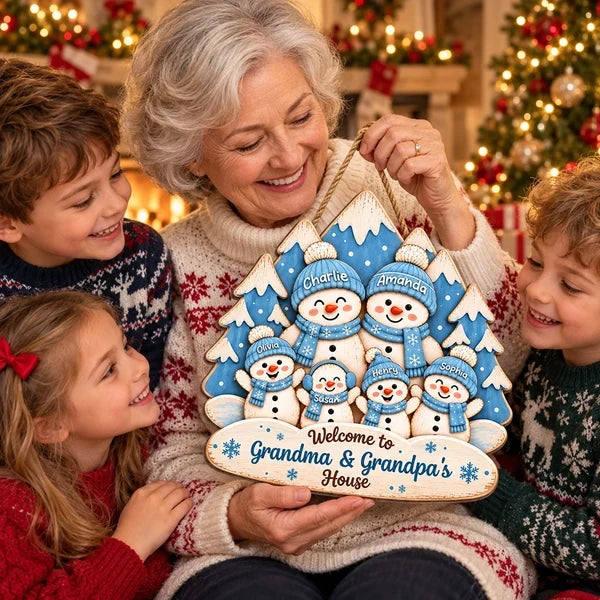 Personalized Wooden Sign, Waving Snowman Family in Blue Winter Forest, Unique Christmas Gift for Grandparents