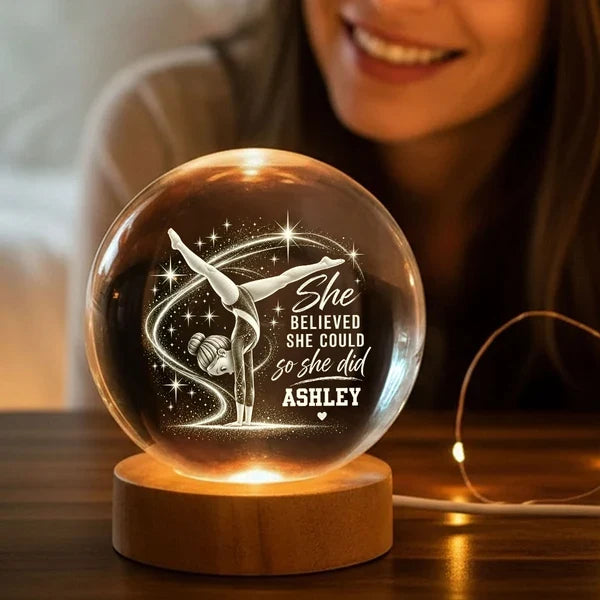 Personalized Globe Lamp with Handstand Gymnast, Warm Amber Unique Gift for Young Gymnast