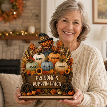 Personalized Wooden Plaque with Grandma's Pumpkin Patch Scarecrow, Rustic Fall Decor, Unique Gift for Grandma
