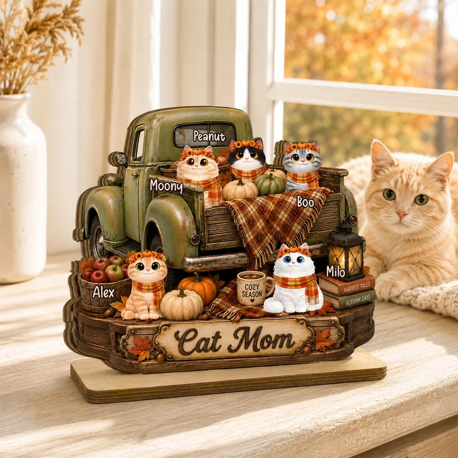 2-Layer Wooden Plaque, Personalized Cats by a Vintage Fall Truck, Heartfelt Creative Gift for Cat Lovers