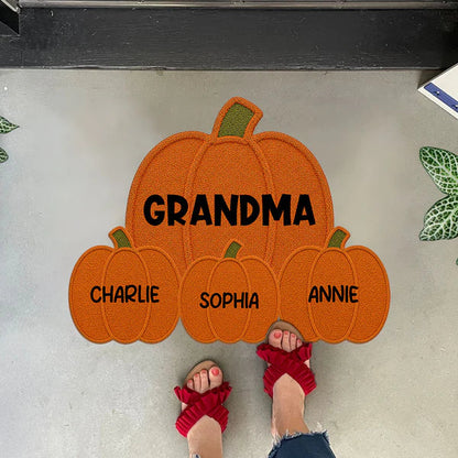 Personalized Pumpkin Shaped Doormat for Grandma, Unique Fall Entryway Gift with Little Pumpkins