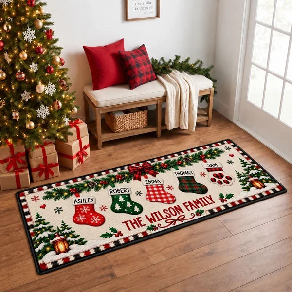Personalized Premium Doormat with Plaid Christmas Stockings, Festive Entryway Decor, Unique Family Gift