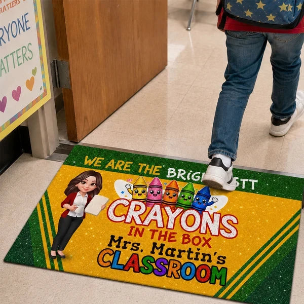 Personalized Standard Doormat, Teacher Holding Papers & Colorful Crayons, Unique Classroom Gift