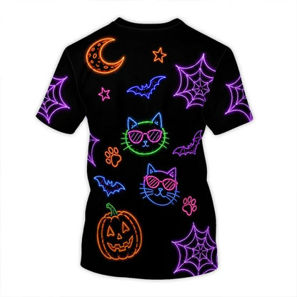 Personalized Printed Classic Tee, Neon Halloween Cats in Costumes, Unique Gift for Cat Mom