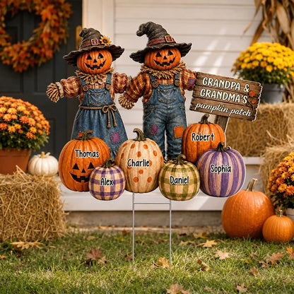 Personalized Shaped Yard Sign, Holding-Hands Pumpkin Scarecrows in Warm Fall Colors, Creative Gift for Grandparents