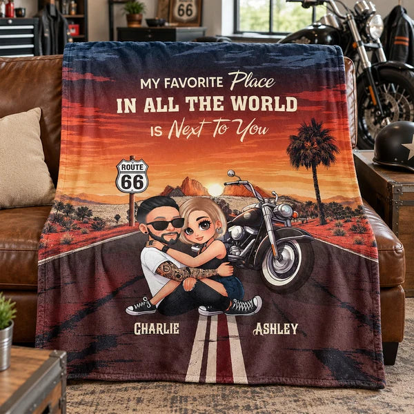 Personalized Fleece Blanket with Hugging Biker Couple at Sunset, Creative Unique Gift for Motorcycle Partners