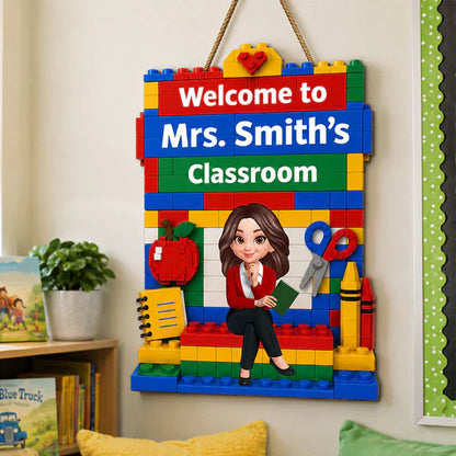 Personalized Wooden Sign with Sitting Teacher Character, Building Brick Classroom Decor, Unique Creative Gift