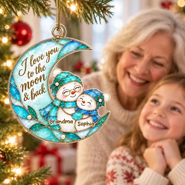Personalized I Love You to the Moon & Back Acrylic Ornament, Hugging Snowmen, Creative Christmas Gift for Grandkids