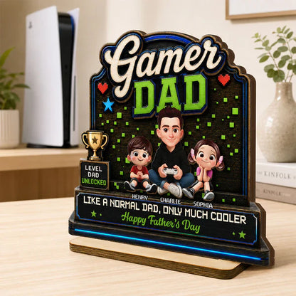 Personalized 2-Layer Wooden Plaque For Gamer Dad, Sitting Dad & Kids, Creative Father's Day Gift