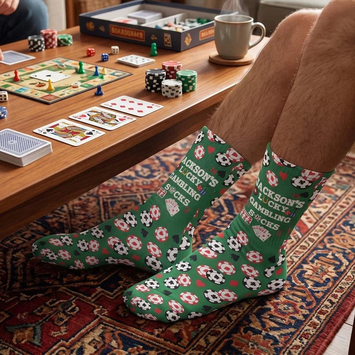 Personalized Crew Socks with Green Poker Chip Print, Lucky Game Night Style, Unique Gift for Poker Fans