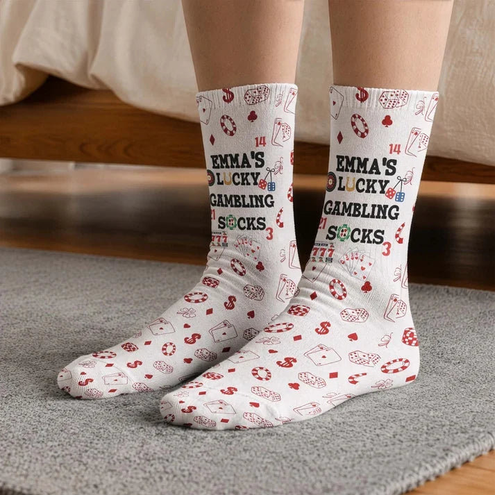 Personalized Crew Socks with Green Poker Chip Print, Lucky Game Night Style, Unique Gift for Poker Fans