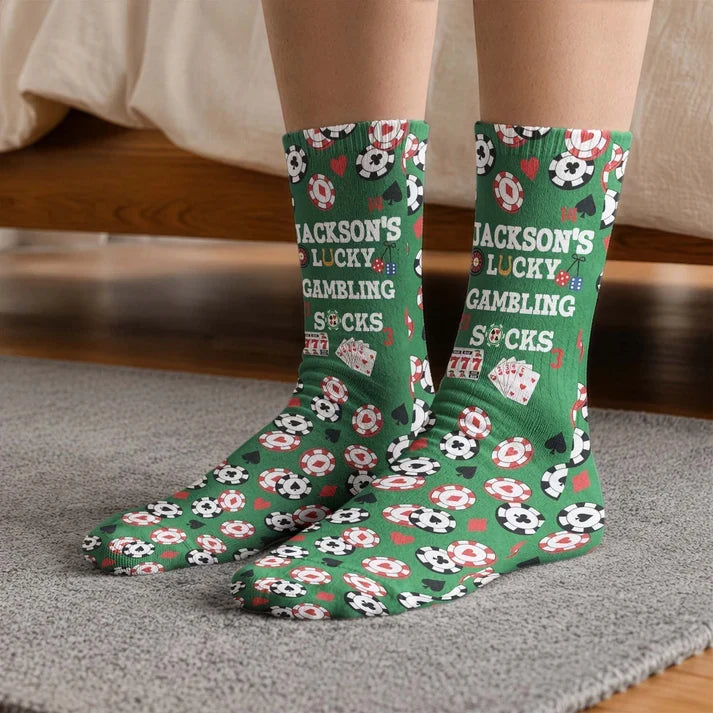 Personalized Crew Socks with Green Poker Chip Print, Lucky Game Night Style, Unique Gift for Poker Fans