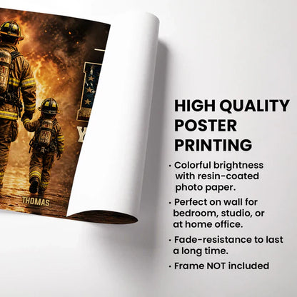Personalized Firefighter Dad Poster, Holding Hands in a Fiery Scene, Unique Father's Day Gift for Dad