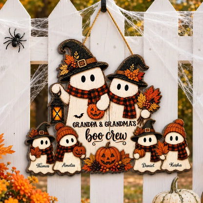 Personalized Grandpa and Grandma's Boo Crew Wooden Sign, Vintage Ghost Family Decor, Creative Gift for Grandparents