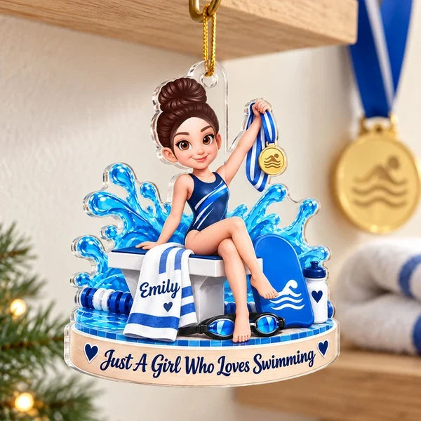 Personalized Acrylic Ornament, Girl Swimmer Holding a Medal in Blue Splashes, Unique Gift for Swimmers