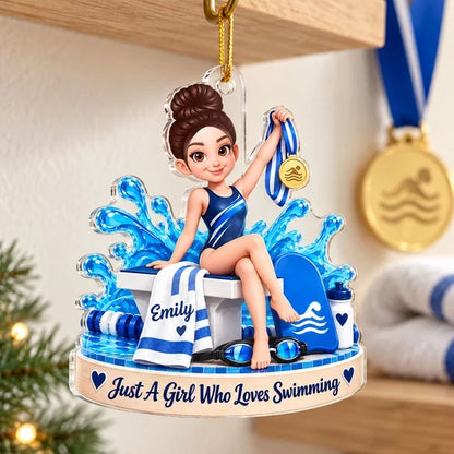 Personalized Acrylic Ornament, Girl Swimmer Holding a Medal in Blue Splashes, Unique Gift for Swimmers