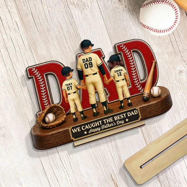 Personalized 2-Layer Wooden Plaque for Dad, Baseball All-Star Family Unique Gift with Kids Holding Hands