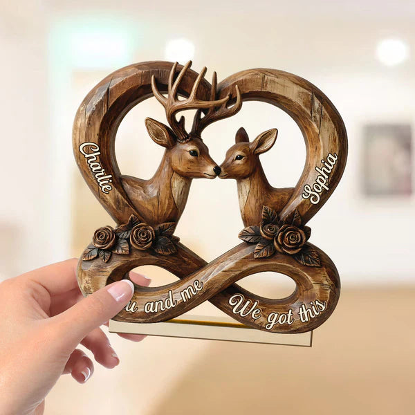 Personalized 2-Layer Wooden Plaque, Rustic Nuzzling Deer Couple, Unique Gift For Couples