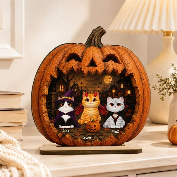 Custom 2-Layer Wooden Plaque, Moonlit Pumpkin Cat Keepsake, Unique Creative Gift for Pet Owners