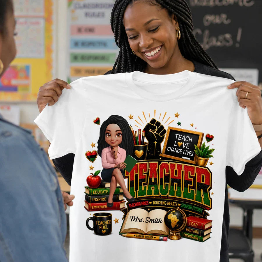 Personalized Classic Tee for African American Teacher, Teach Love Graphic, Unique Creative Gift for School