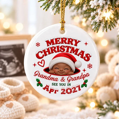 Personalized Ceramic Ornament, Merry Christmas Baby Announcement, Creative Gift for Expecting Grandparents
