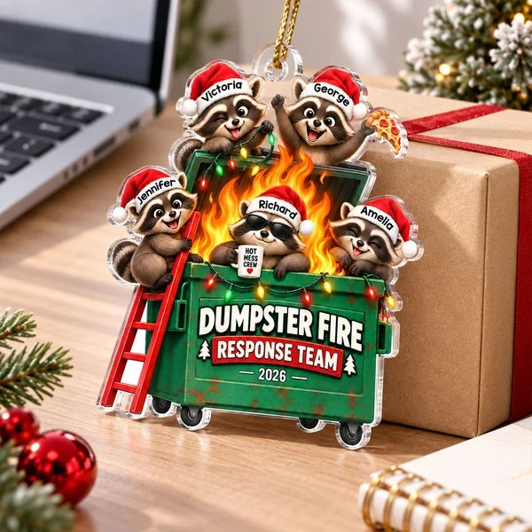 Personalized Acrylic Ornament, Raccoons Tackling a Dumpster Fire, Unique Funny Christmas Gift for Coworkers