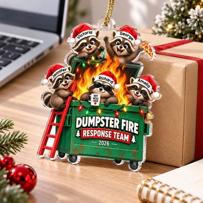 Personalized Acrylic Ornament, Raccoons Tackling a Dumpster Fire, Unique Funny Christmas Gift for Coworkers